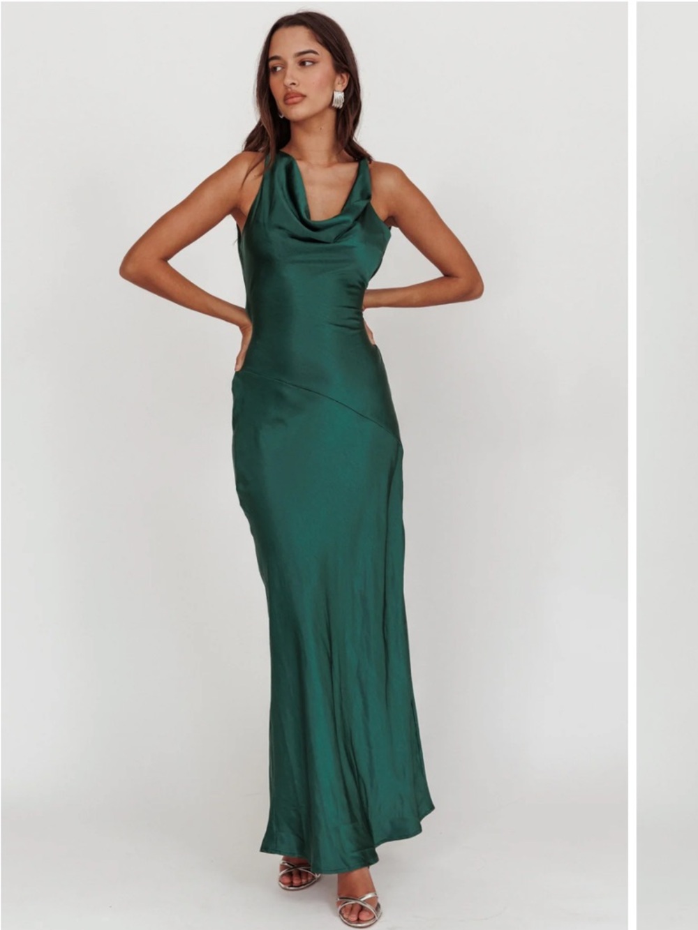 SELFIE LESLIE Cassiopeia Open Back  Green Cowl Neck Satin Maxi Dress NWT Sz L